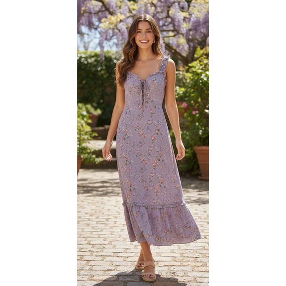 Reformation Women Size 4 Long Maxi dress Lavender Floral Square Neck boho gypsy